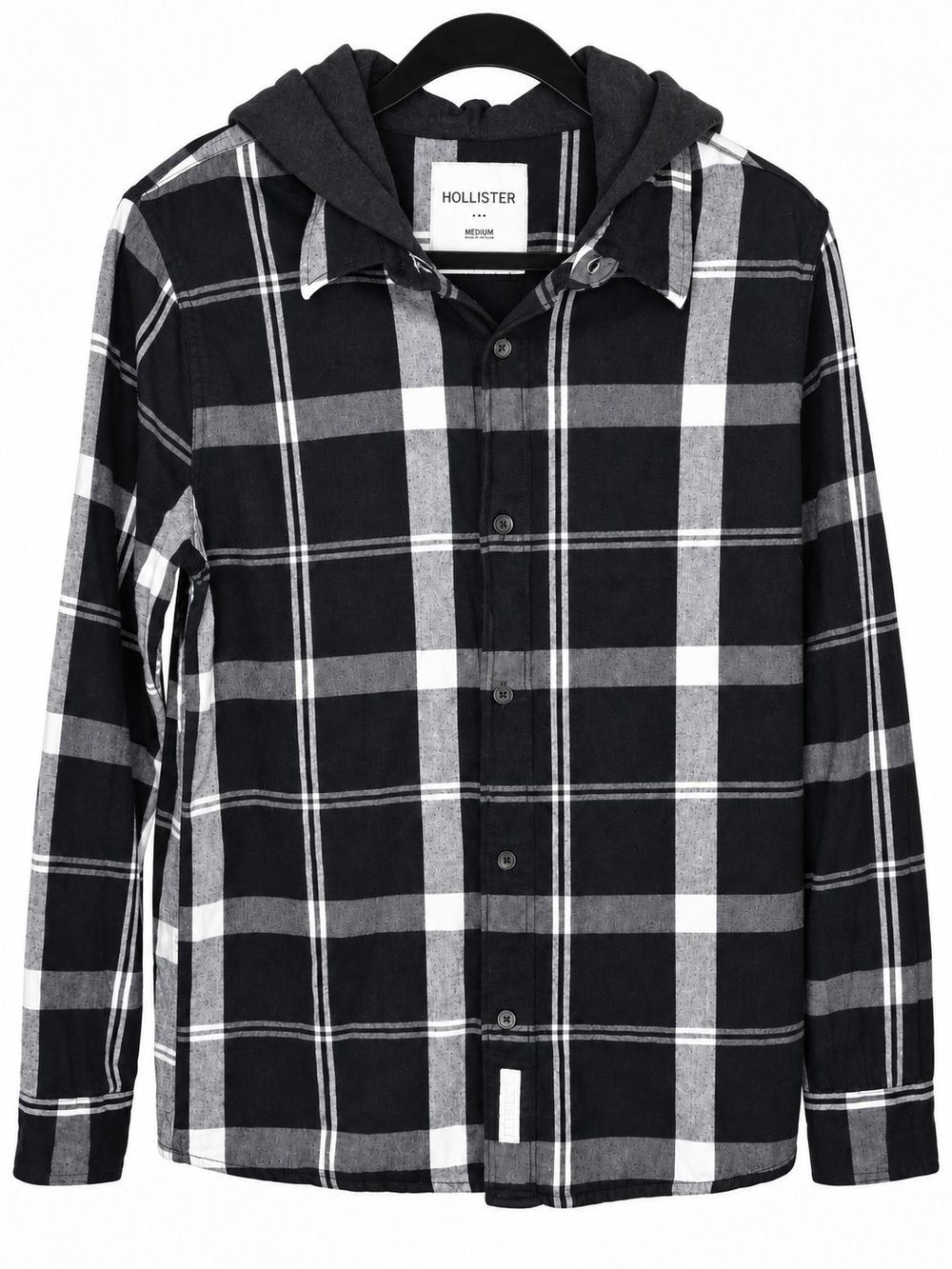 Hollister Black & Gray Plaid Hooded Flannel Shirt – Medium